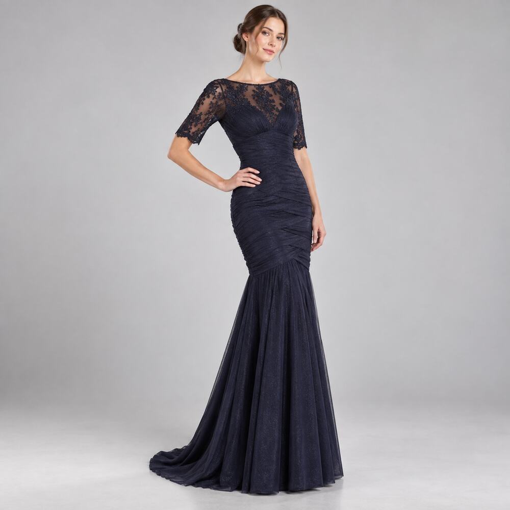 Theia 881865 Midnight Blue Lace Sleeve Mermaid Gown 8